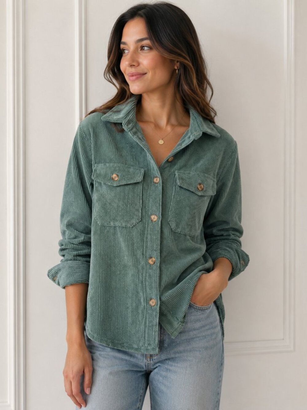 Blue Notes Green Corduroy Button-Up Shirt | XS